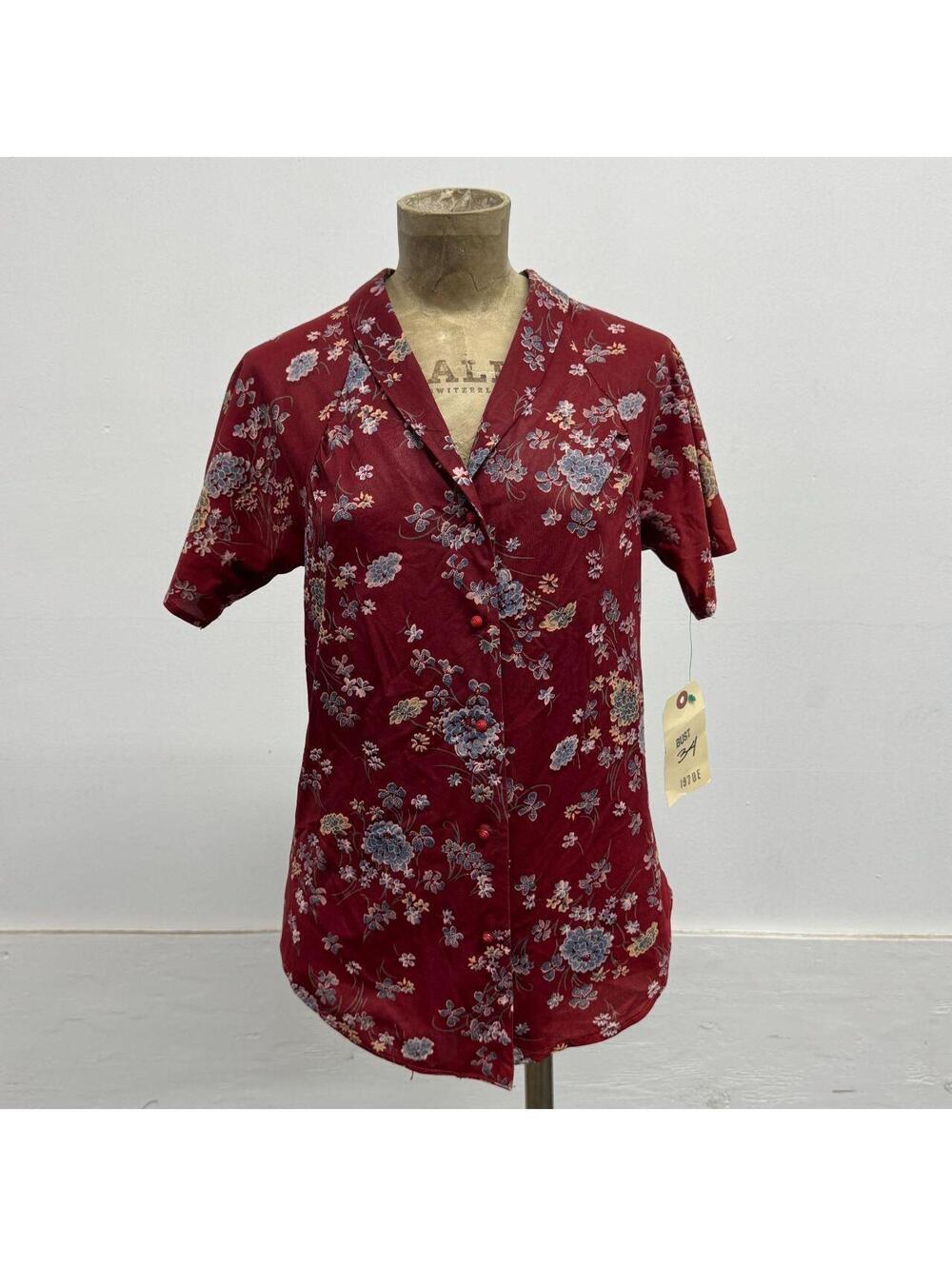 Vintage 1970s Burgundy Floral Rayon Knit Notch-Lapel Button-Front Blouse